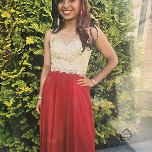 Elegant Red and Cream Lace Rhinestone Gown